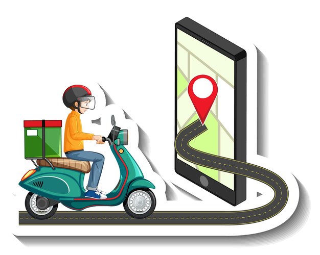 Una plantilla de pegatina con repartidor montando scooter.