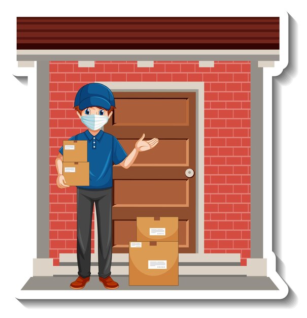 Una plantilla de pegatina con repartidor en uniforme con cajas.