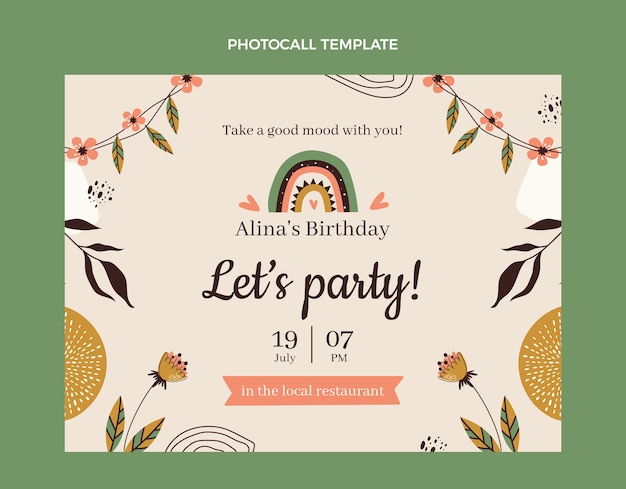 Plantilla de photocall de cumpleaños boho dibujada a mano