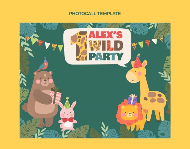 Plantilla de photocall de fiesta de cumpleaños de la selva dibujada a mano