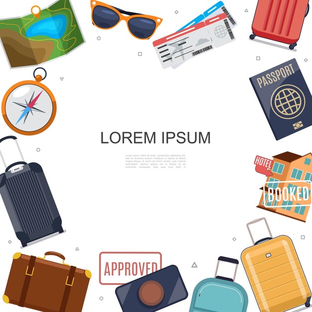 Plantilla plana de accesorios de viaje con mapa, gafas de sol, bolsas, equipaje, navegación, brújula, pasaporte, hotel, sello