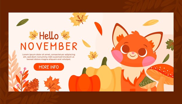 Vector gratuito plantilla plana de banner de hola noviembre para otoño