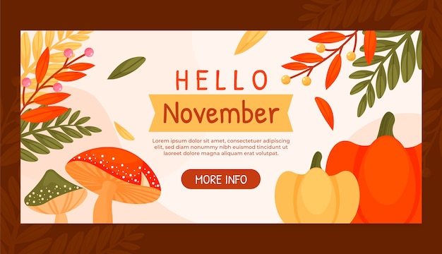 Vector gratuito plantilla plana de banner de hola noviembre para otoño