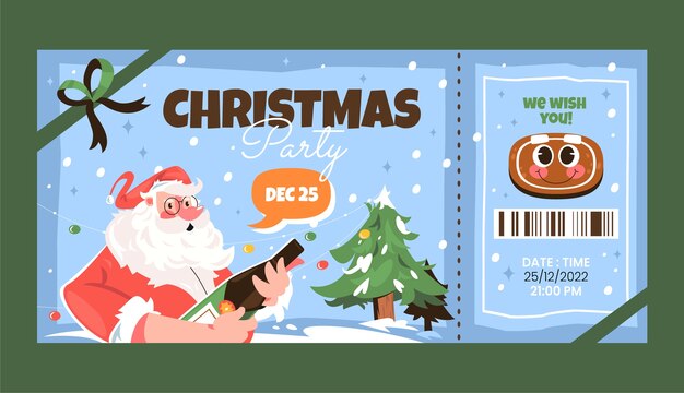Plantilla plana de boleto de fiesta de navidad