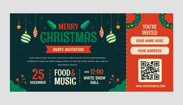 Plantilla plana de boleto de fiesta de navidad