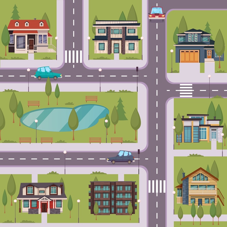 Vector gratuito plantilla plana de campo con casas residenciales suburbanas