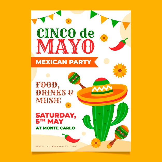 Plantilla plana de cartel vertical cinco de mayo