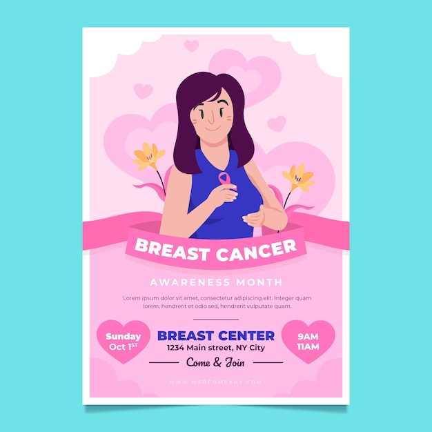 Plantilla plana del cartel vertical del mes de concientización sobre el cáncer de mama
