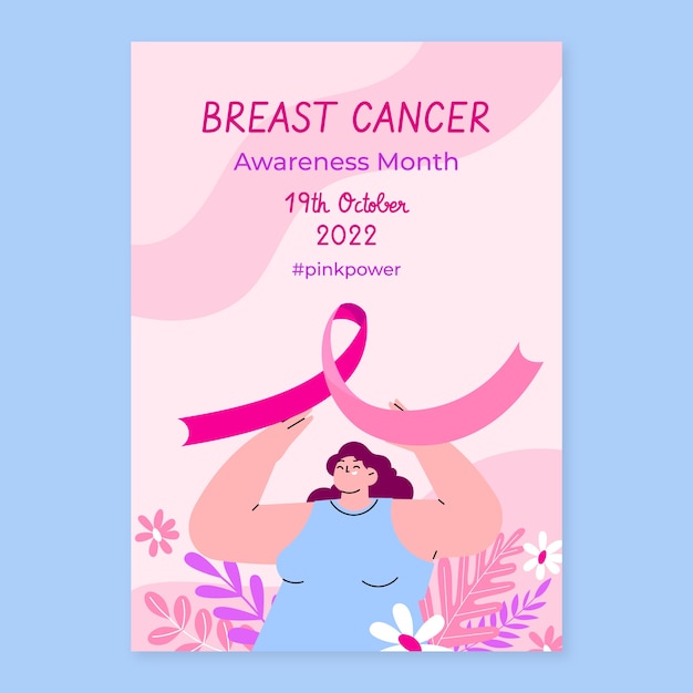 Vector gratuito plantilla plana del cartel vertical del mes de concientización sobre el cáncer de mama