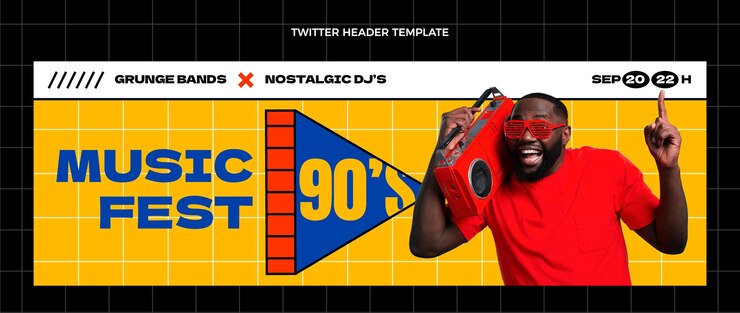 Vector gratuito plantilla plana de encabezado de redes sociales del festival de música nostálgica de los 90
