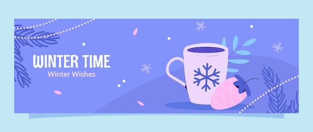 Vector gratuito plantilla plana de encabezado de twitter para invierno con taza y bellota