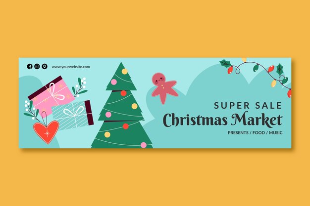 Vector gratuito plantilla plana de encabezado de twitter para el mercado navideño