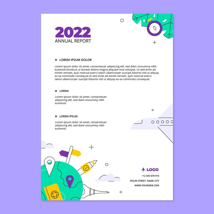 Vector gratuito plantilla plana de informe anual para agencia de viajes