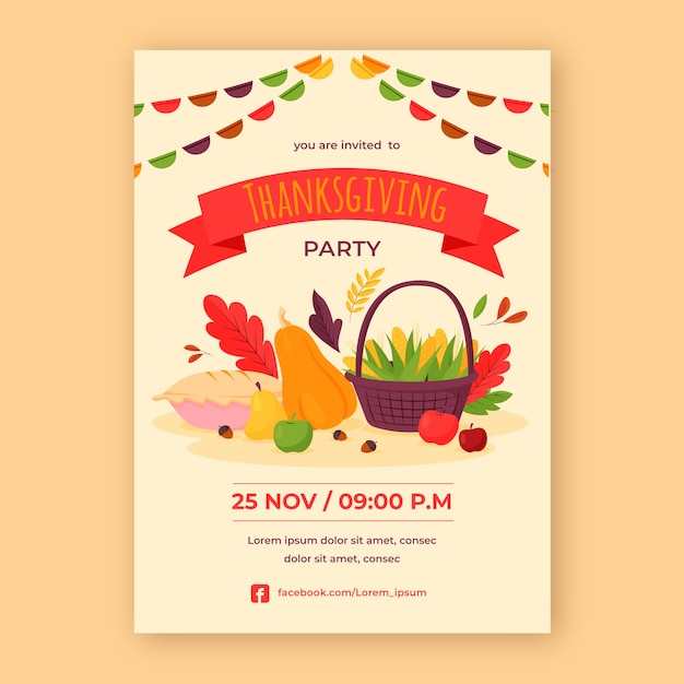 Vector gratuito plantilla plana de invitación de celebración de acción de gracias