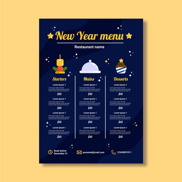 Plantilla plana de menú de año nuevo