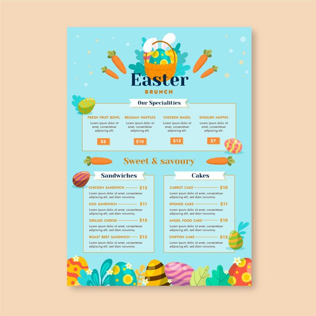 Plantilla plana de menú de brunch de pascua