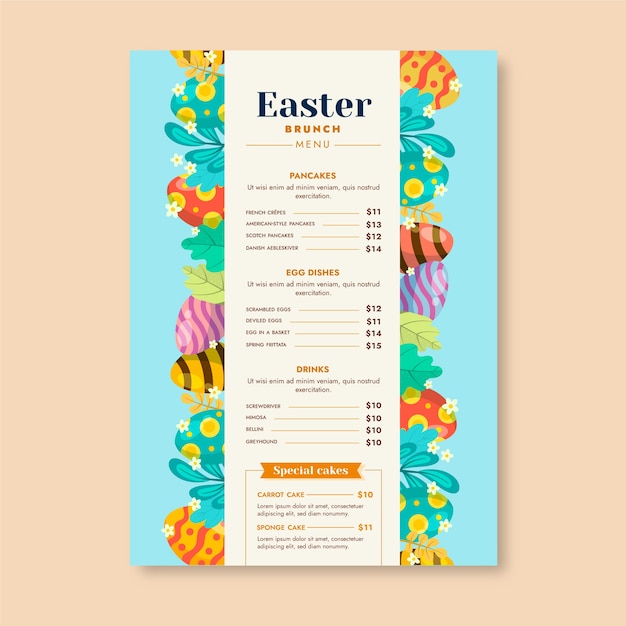 Vector gratuito plantilla plana de menú de brunch de pascua