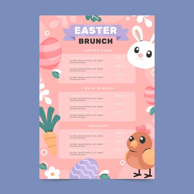 Plantilla plana de menú de brunch de pascua