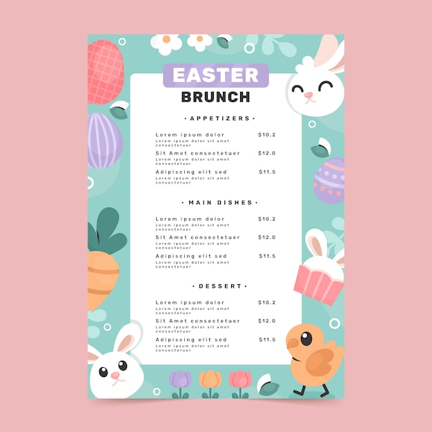 Plantilla plana de menú de brunch de pascua