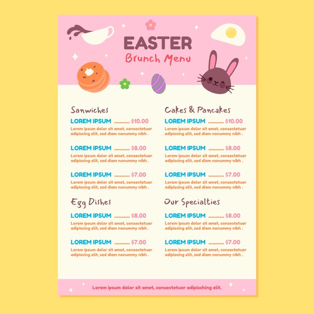Plantilla plana de menú de brunch de pascua