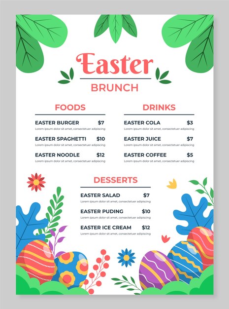 Plantilla plana de menú de brunch de pascua