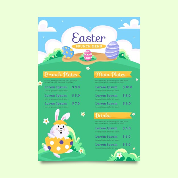 Plantilla plana de menú de brunch de pascua