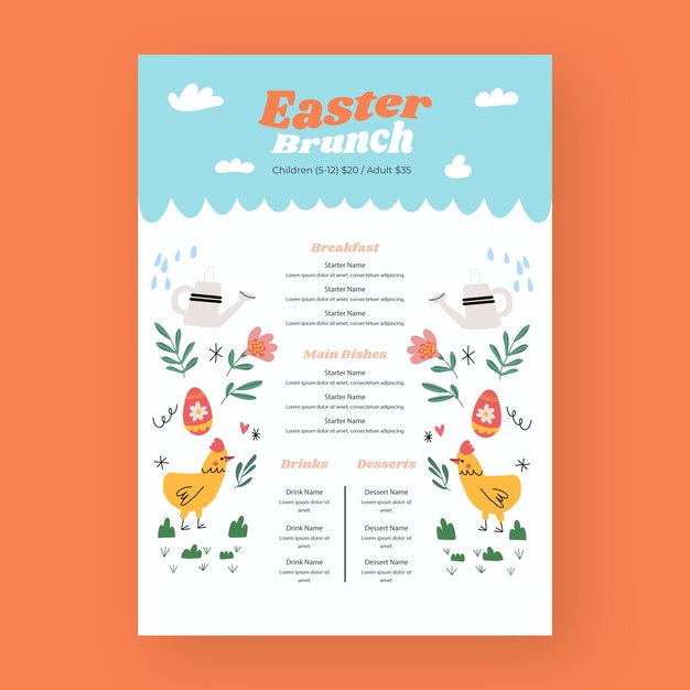 Plantilla plana de menú de brunch de pascua