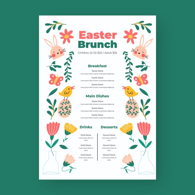 Plantilla plana de menú de brunch de pascua