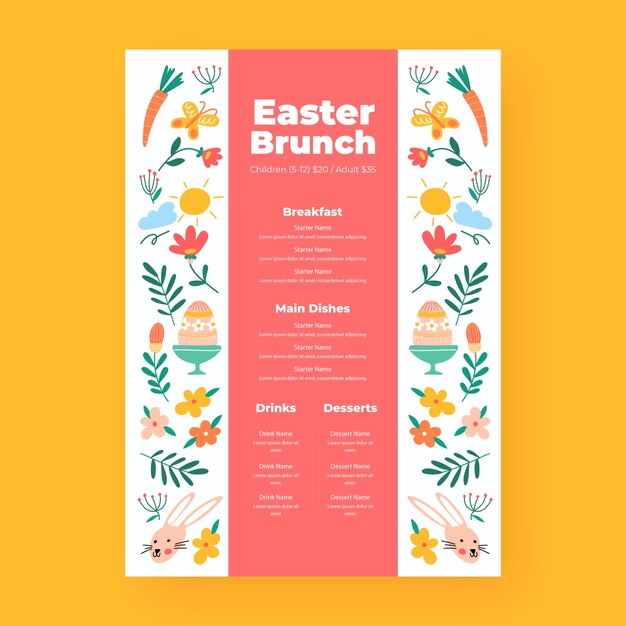 Plantilla plana de menú de brunch de pascua