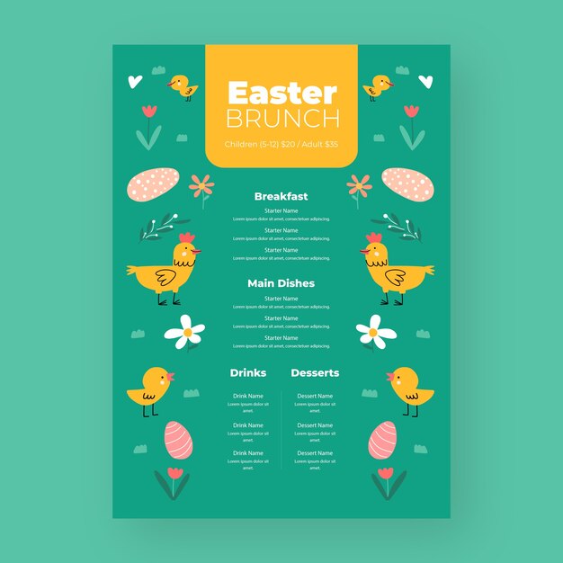 Plantilla plana de menú de brunch de pascua