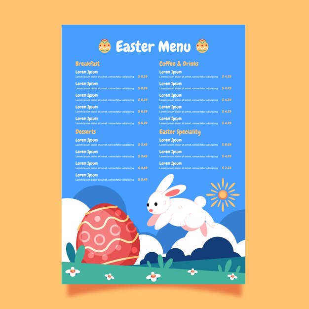Plantilla plana de menú de brunch de pascua