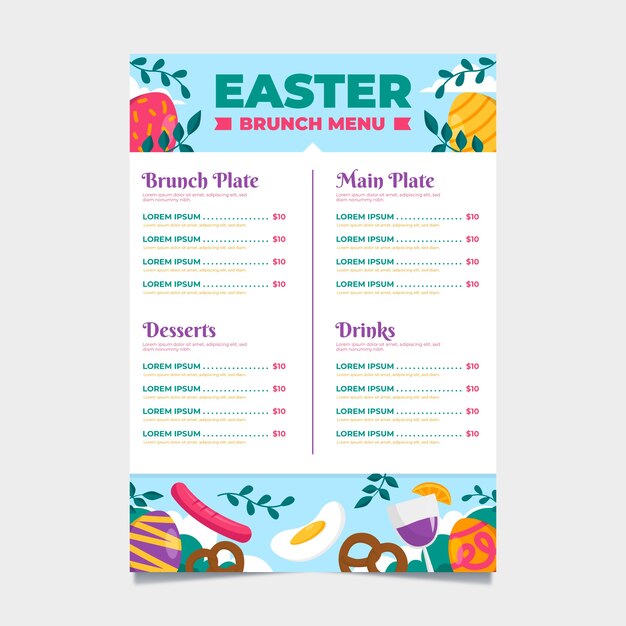 Plantilla plana de menú de brunch de pascua