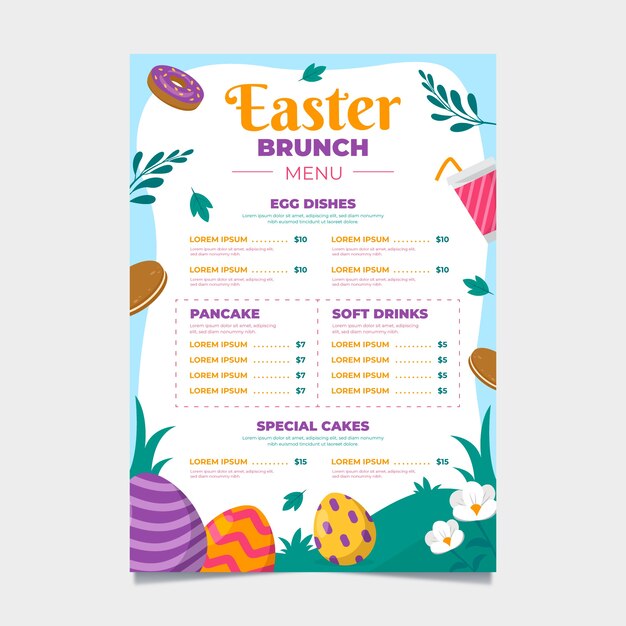 Plantilla plana de menú de brunch de pascua