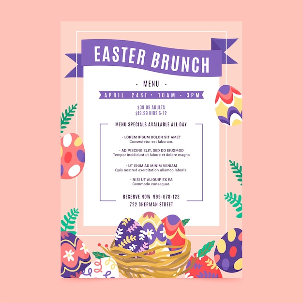 Plantilla plana de menú de brunch de pascua