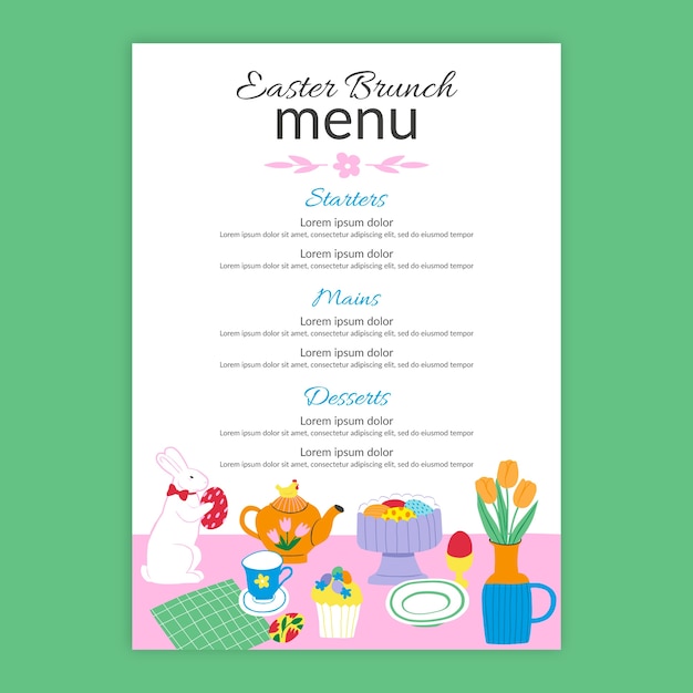 Vector gratuito plantilla plana de menú de brunch de pascua