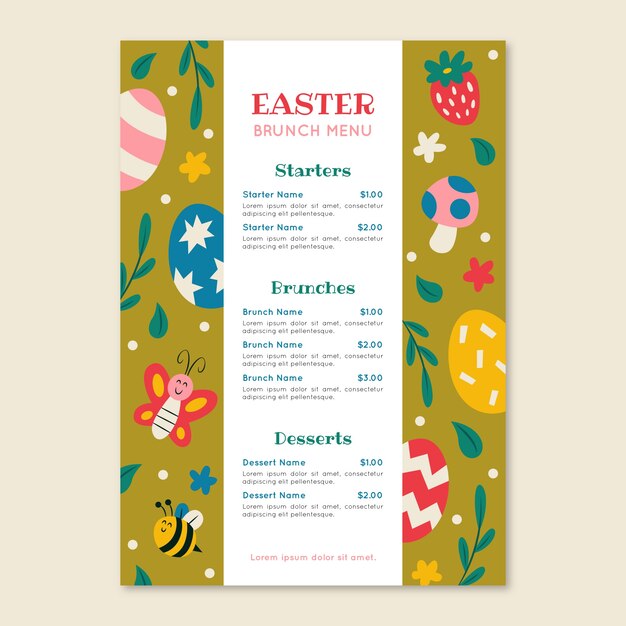 Plantilla plana de menú de brunch de pascua