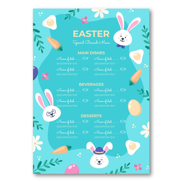 Plantilla plana de menú de brunch de pascua