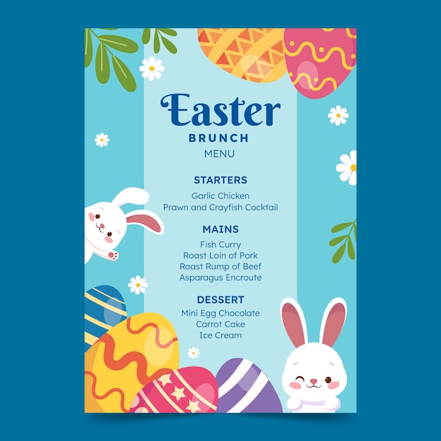 Vector gratuito plantilla plana de menú de brunch de pascua