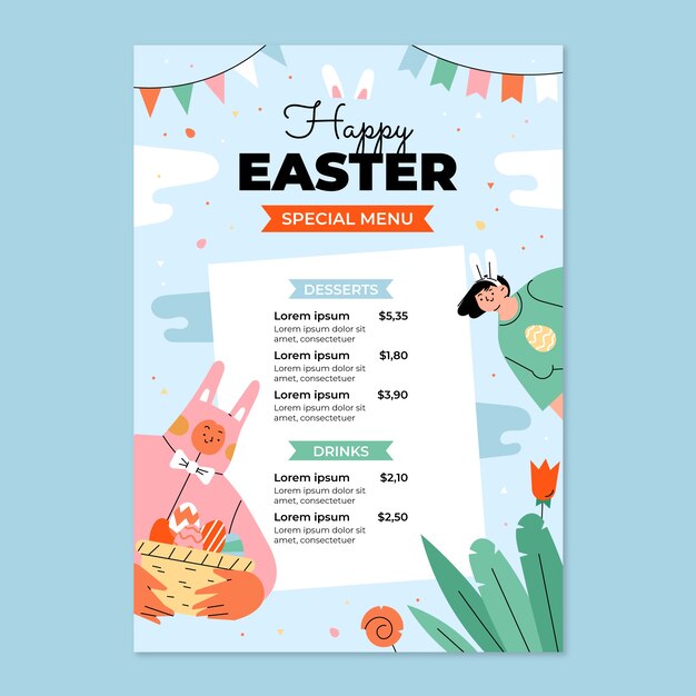 Plantilla plana de menú de brunch de pascua