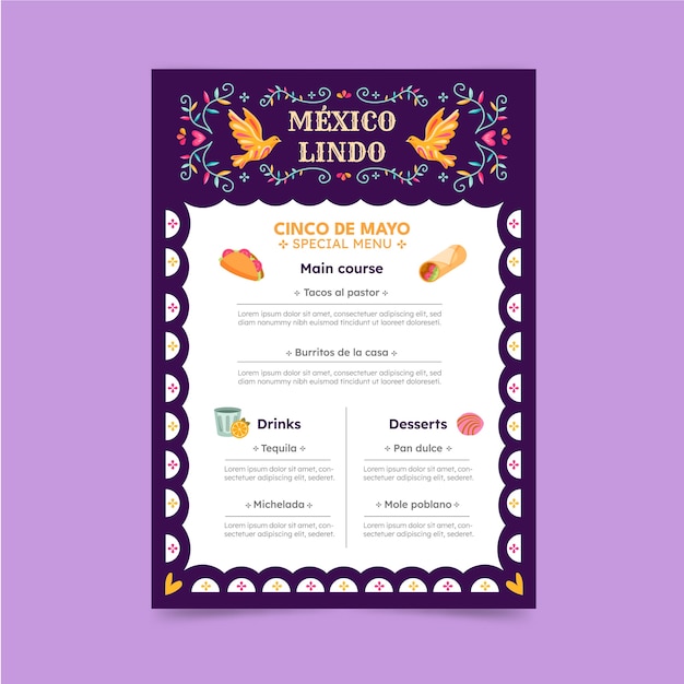 Vector gratuito plantilla plana de menú cinco de mayo