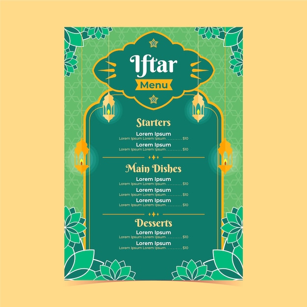 Vector gratuito plantilla plana de menú de fiesta iftar