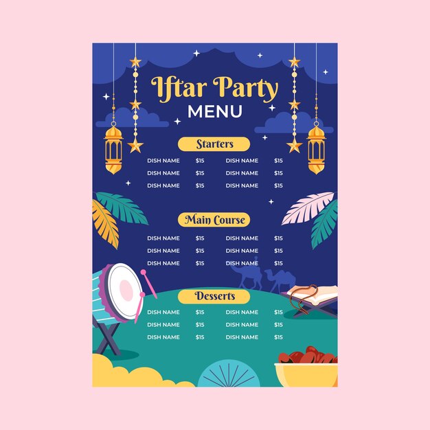 Plantilla plana de menú de fiesta iftar
