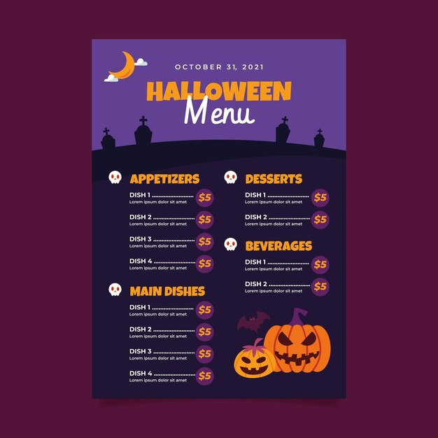 Plantilla plana de menú de halloween
