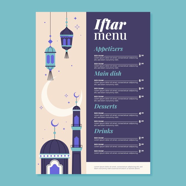 Plantilla plana de menú iftar para la celebración del ramadán islámico