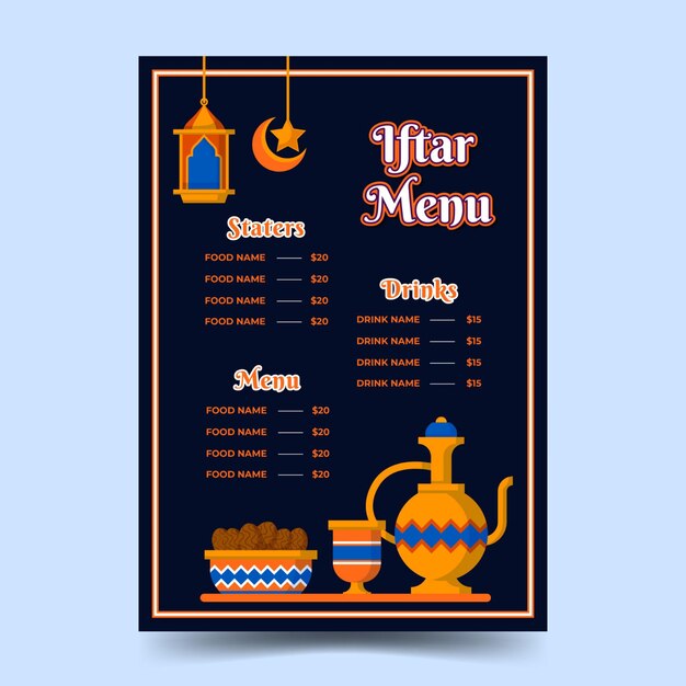 Plantilla plana de menú iftar