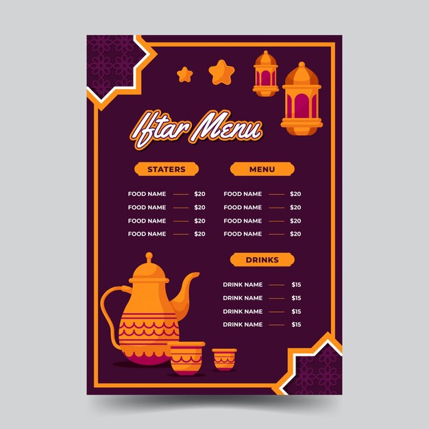 Plantilla plana de menú iftar