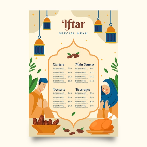 Vector gratuito plantilla plana de menú iftar