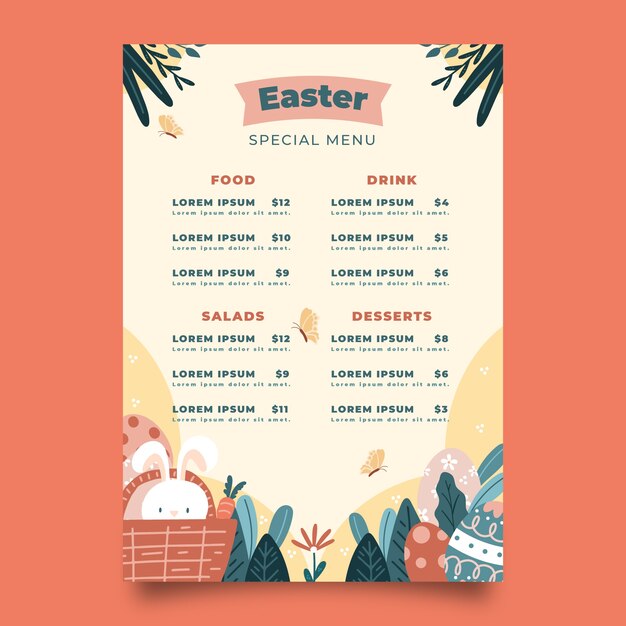 Plantilla plana de menú de pascua