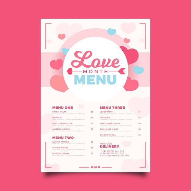 Plantilla plana de menú de san valentín