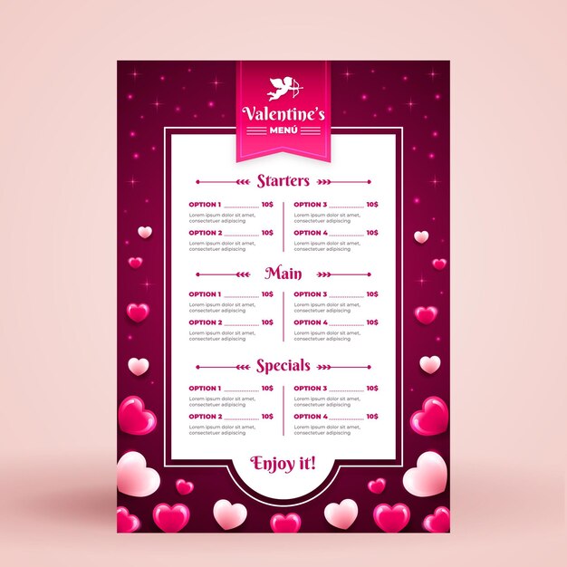 Plantilla plana de menú de san valentín
